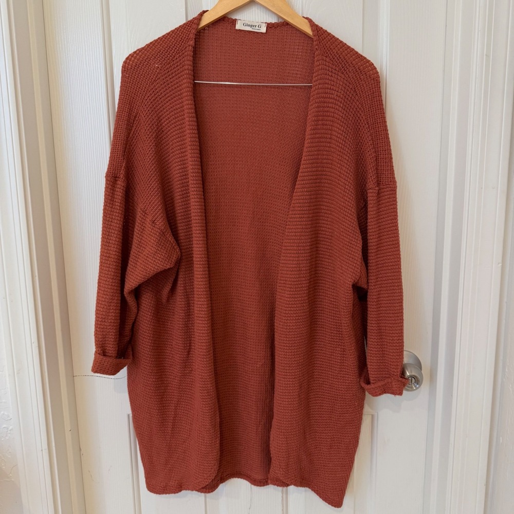 Ginger G Womens Rust Waffle Knit Open Front Cardigan M2012 Terracotta Medium